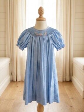 Amanda Remembered Blue White Microcheck Smocked Birthday Dress Sz 4Y